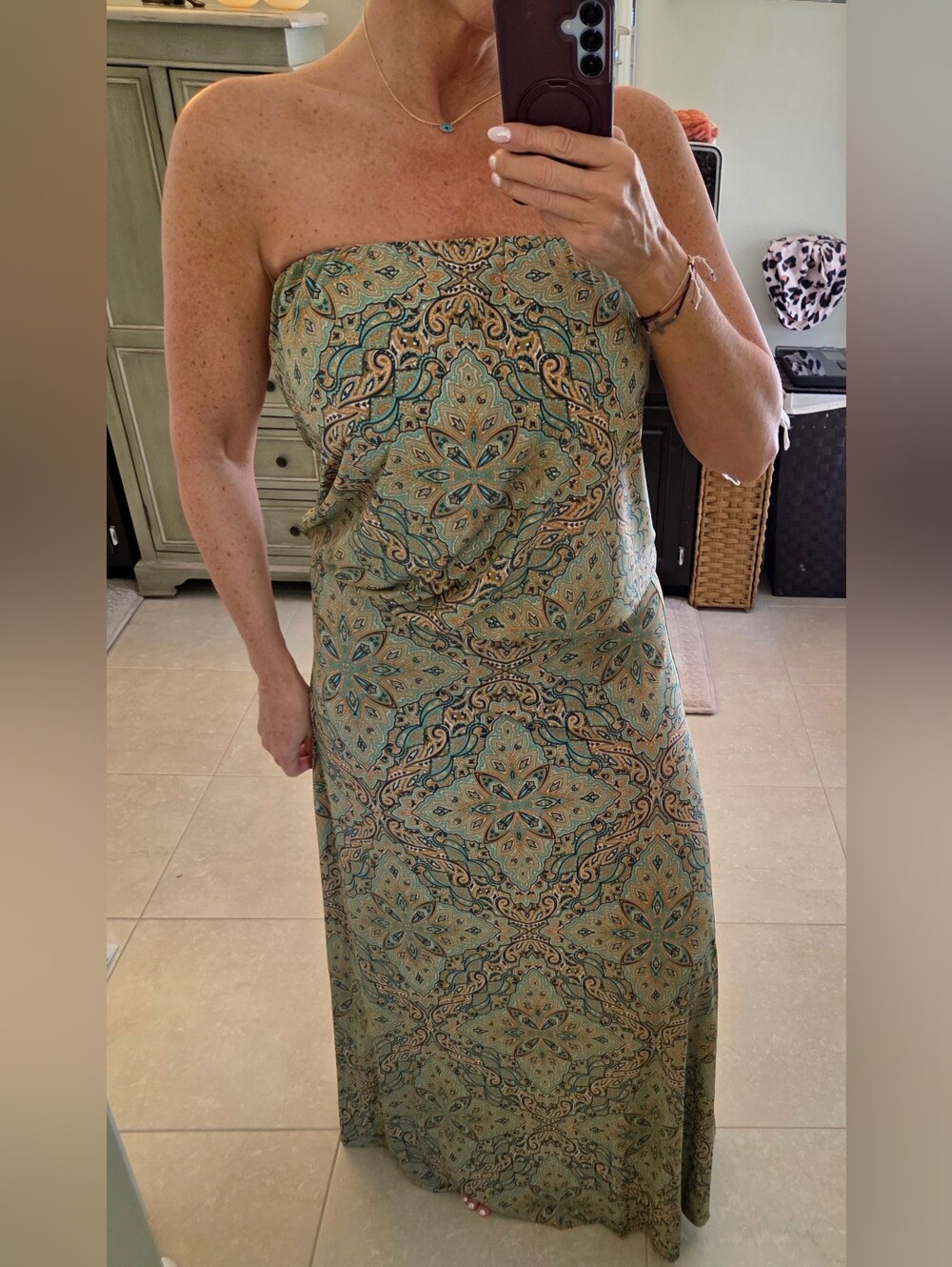 Veronica M. Paisley Print Drop Waist Strapless Dress in Green and Beige